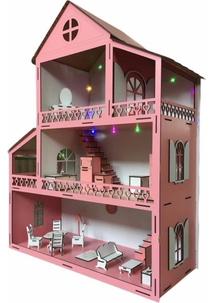 Işıklı Ahşap Barbie Bebek Oyun Evi Eşyalar Dahil Isim Yazılır Belinay 80CM 21 Eşya LED fiyatları