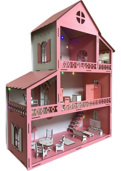 Işıklı Ahşap Barbie Bebek Oyun Evi Eşyalar Dahil Isim Yazılır Belinay 80CM 21 Eşya LED modelleri