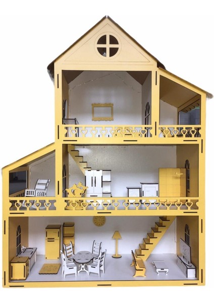 Ahşap Oyun Evi 80CM 27 Eşya Sarı Isim Yazılır Belinay 80CM 27