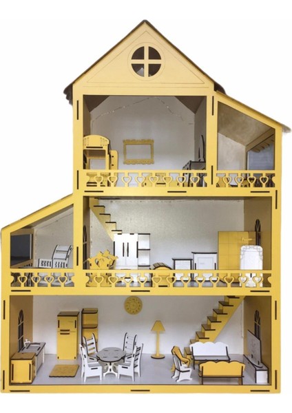 Ahşap Oyun Evi 80CM 36 Eşya Sarı Isim Yazılır Belinay 80CM 36