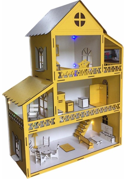 Belinay Çocuk Dünyası Ahşap Oyun Evi 80CM 21 Eşya Sarı LED Işıklı Isim Yazılır Belinay 80CM 21 Eşya LED