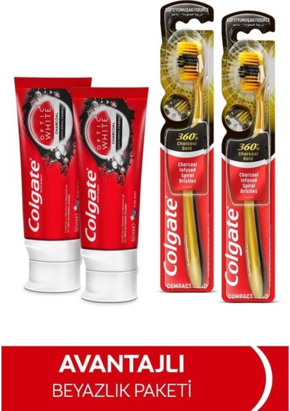 Optic White Diş Macunu 50 ml X2+ 360 Charcoal Gold Yumuşak Diş Fırçası X2 Adet