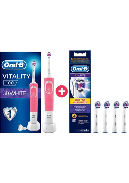 D100 3D White Pembe Vitality Şarjlı Diş Fırçası + 4'lü Yedek Başlık