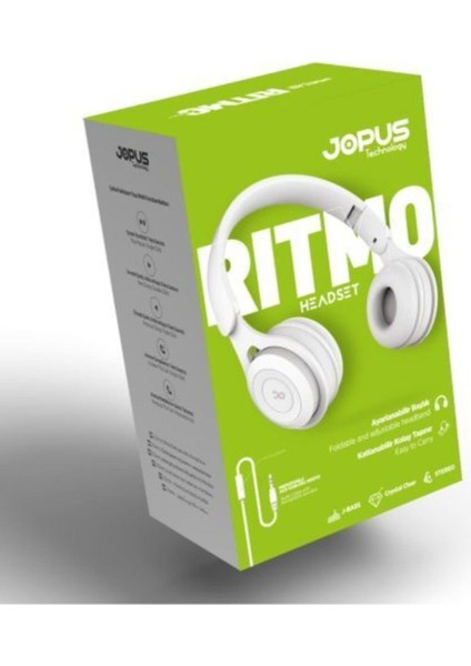 Jopus Technology Jopus Ritmo Üniversal 3.5mm Mikrofonlu Kablolu Kulak Üstü Kulaklık JS80 Beyaz