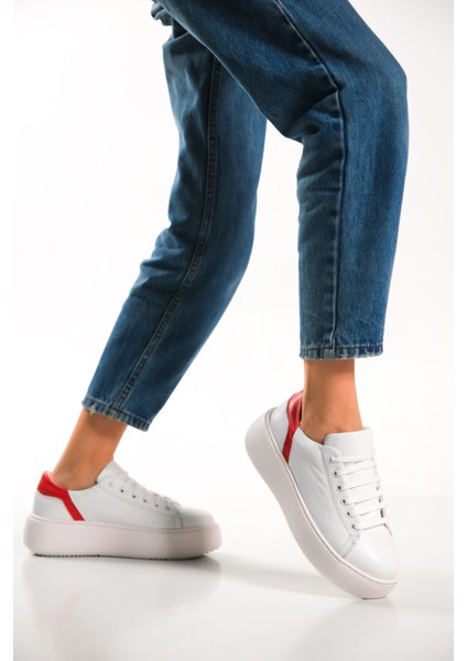 MB6303-BK Kadın Kalın Taban Kırmızı Beyaz Hakiki Deri Sneaker & Spor Ayakkabı