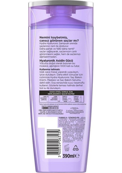 Loreal Şampuan Hydra Hyaluronıc Nem Dolduran Şampuan 390 ml x 6 Adet