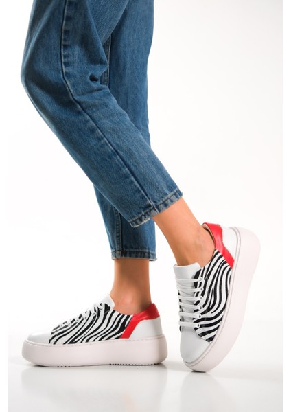 MB6303-Z Kadın Kalın Taban Zebra Desenli Hakiki Deri Sneaker & Spor Ayakkabı