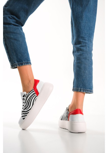 MB6303-Z Kadın Kalın Taban Zebra Desenli Hakiki Deri Sneaker & Spor Ayakkabı