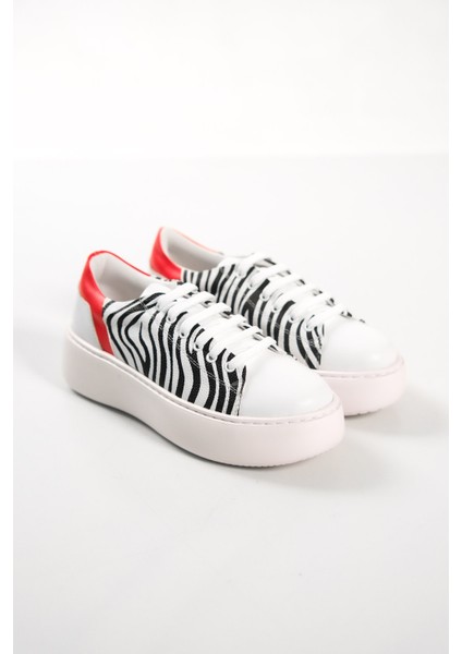 MB6303-Z Kadın Kalın Taban Zebra Desenli Hakiki Deri Sneaker & Spor Ayakkabı