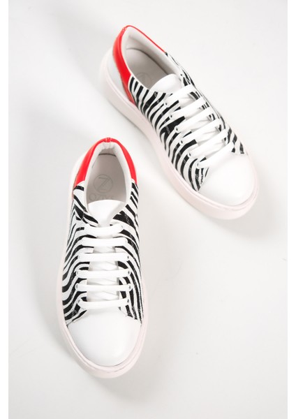 MB6303-Z Kadın Kalın Taban Zebra Desenli Hakiki Deri Sneaker & Spor Ayakkabı