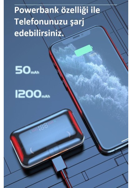 Teknoloji World E10 Mi Pods Kablosuz Kulaklık | Suya Da Lı Powebankli Bluetooth 5.1 Rbg Işıklı Oyuncu E10
