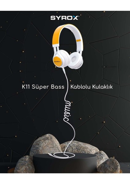 K11 Mikrofonlu Stereo Kablolu Kulak Üstü Kulaklık Syrox K11 - Sarı fiyatları