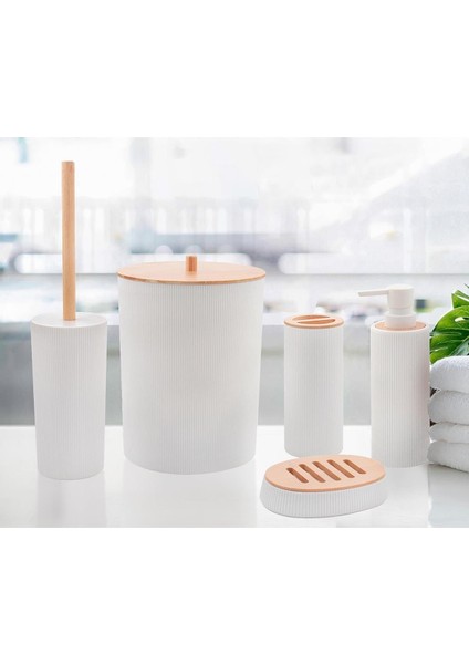 Stripe Bambu Kapaklı Banyo Seti 5 Parça Beyaz