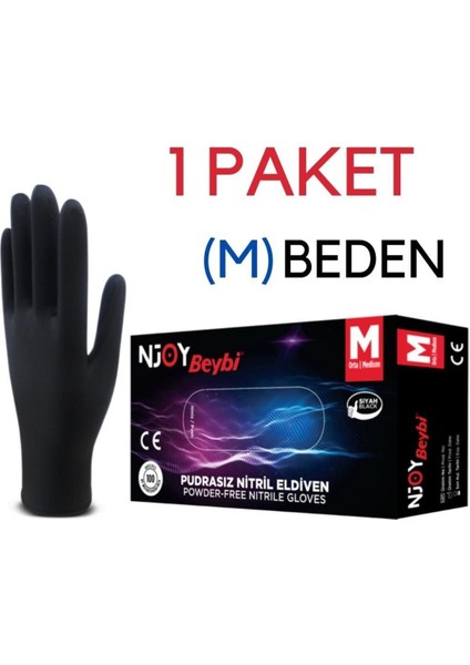 Njoy Pudrasız Siyah Nitril Eldiveni (M) Beden 100 Adet