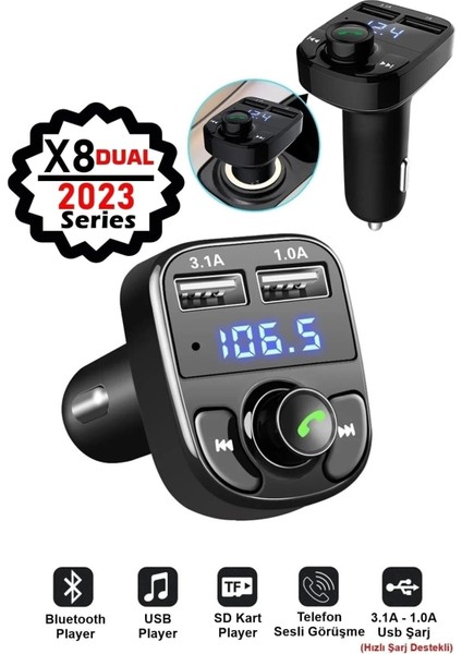 Pro X8 Araç Fm Transmitter 5.0 Bluetooth Araç Kiti USB Mp3 Sd Kart Çakmaklık Girişli Araba Uyumlu