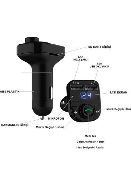 Pro X8 Araç Fm Transmitter 5.0 Bluetooth Araç Kiti USB Mp3 Sd Kart Çakmaklık Girişli Araba Uyumlu modelleri