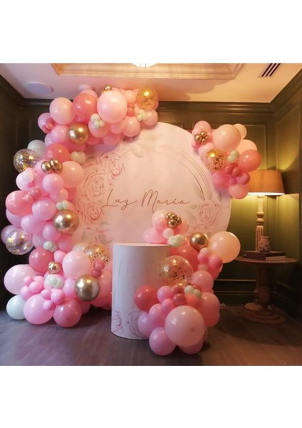 100 Adet Makaron Pembe, Pastel Pembe, Beyaz, Şeffaf, Krom Gold Balon ve 5mt Balon Zinciri