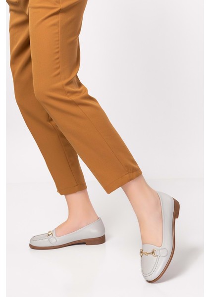Hakiki Deri Kadın Günlük Loafer VDT.851 - Buz Gri - 38