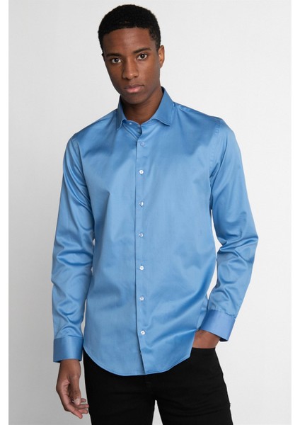 Slim Fit Koton Saten Premium Seri Erkek Mavi Gömlek