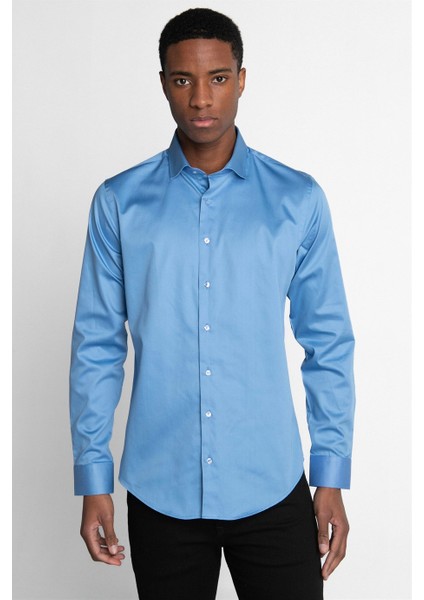 Slim Fit Koton Saten Premium Seri Erkek Mavi Gömlek fiyatları