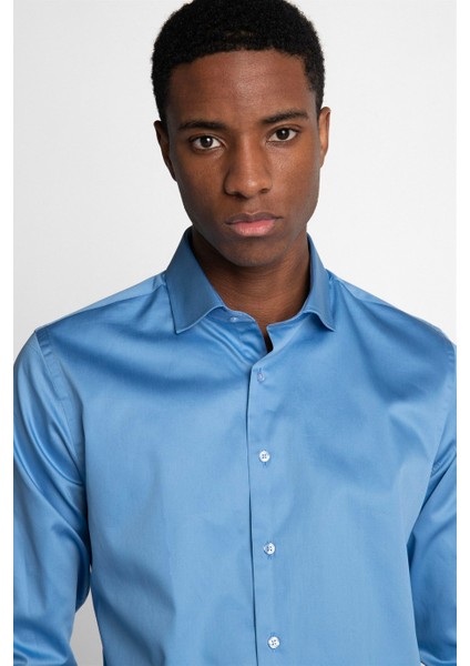 Slim Fit Koton Saten Premium Seri Erkek Mavi Gömlek modelleri