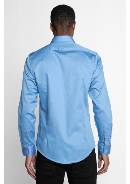Slim Fit Koton Saten Premium Seri Erkek Mavi Gömlek fırsatları