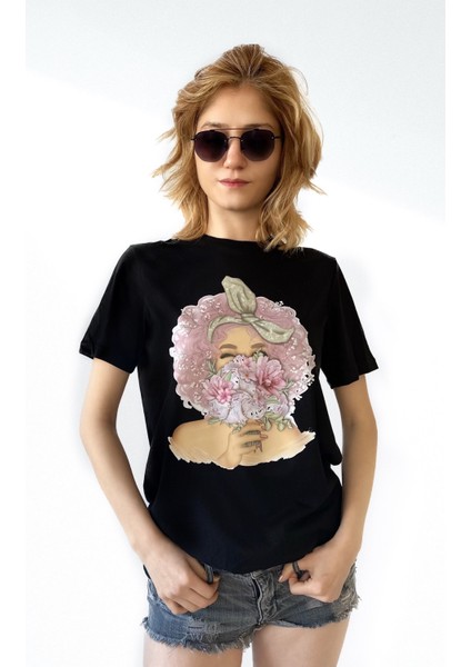 Baskılı, Siyah, Bol Kesimli, Bisiklet Yaka ve Pamuklu Basic T-Shirt - Spring Girl Baskılı Tişört