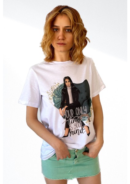 Baskılı, Beyaz, Bol Kesimli, Pamuklu Basic T-Shirt - Millionaire Woman Baskılı Tişört