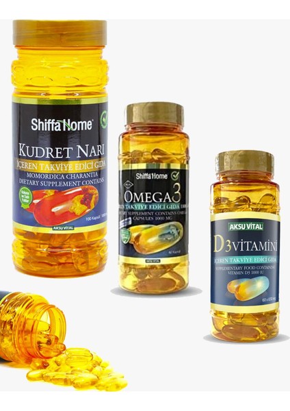 Shiffa Home Omega 3 - 60 Kapsül+ Kudret Narı Softjel 100 Kapsül+ D3 Vitamini 60 Kapsül