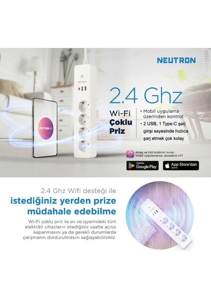 Akıllı Wi-Fi Destekli 16A 4'lü Çocuk Kilitli Akım Korumalı Çoklu Priz - Uygulama Üzerinden Kontrol