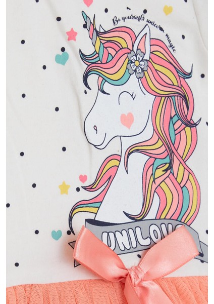 Kız Çocuk Elbise Unicorn Baskılı Tüllü Fiyonklu 3-8 Yaş, Ekru