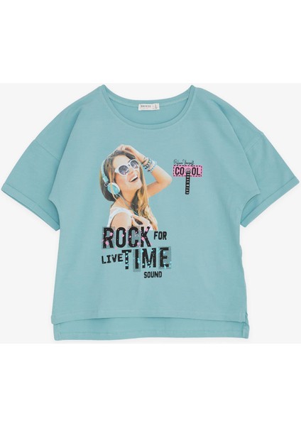 Kız Çocuk Tişört Havalı Rockçı Kız Baskılı 9-16 Yaş, Mint Yeşili