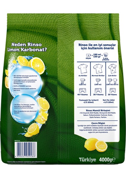 Toz Çamaşır Deterjanı Limon ve Karbonat Renkliler ve Beyazlar İçin 4 KG