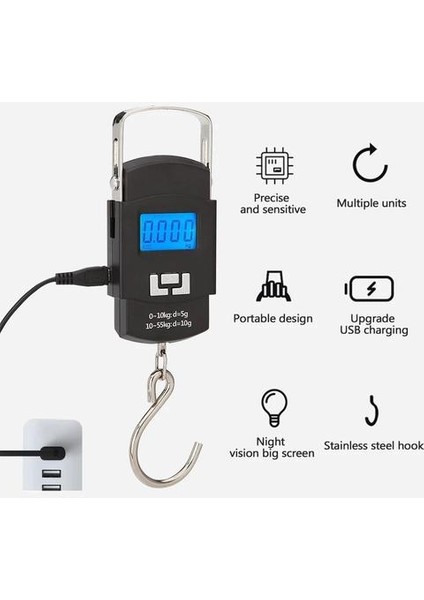 Şarj Edilebilir Taşınabilir Elektronik Mini Dijital Ölçekli LCD Ekran Balıkçılık Seyahat Bagaj Ölçeği Asılı Kanca ile Ağırlık (Yurt Dışından)