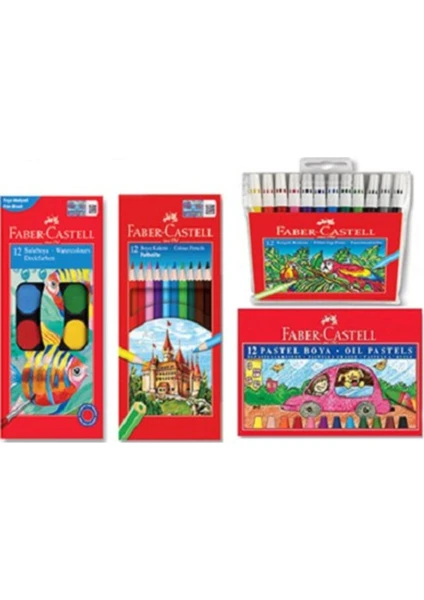 Faber Castell 12'li Pastel Sulu Kuru Boya Keçeli Kalem 4'lü Boya Seti