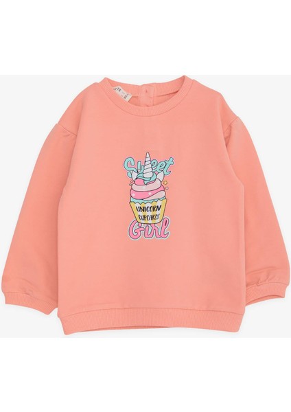 Kız Çocuk Sweatshirt Unıcorn Baskılı 9 Ay-3 Yaş, Somon