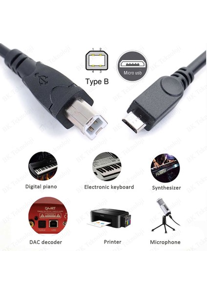 Micro USB To Usb-B Midi - Otg Tablet Telefon Yazıcı Kablosu 1.5 Metre