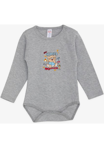 Erkek Bebek Çıtçıtlı Body Avcı Kedicik Baskılı 9 Ay-3 Yaş, Gri Melanj