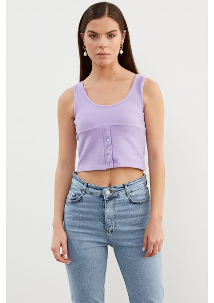 Askılı Düğme Detaylı Ribana Crop Tişört - Lila