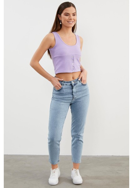 Askılı Düğme Detaylı Ribana Crop Tişört - Lila
