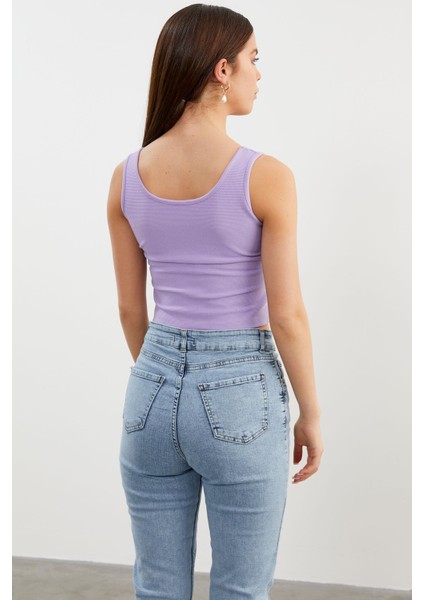 Askılı Düğme Detaylı Ribana Crop Tişört - Lila