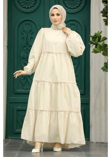 - Kat Piliseli Krem Tesettür Poplin Elbise 57342KR