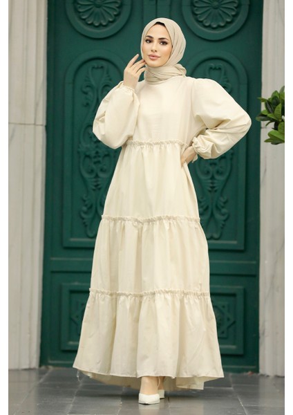 - Kat Piliseli Krem Tesettür Poplin Elbise 57342KR