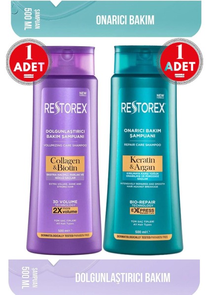 Keratin & Argan Şampuan 500 Ml + Collagen&Biotin Dolgunlaştırıcı Şampuan 500 Ml Restorex Keratin + Collegen