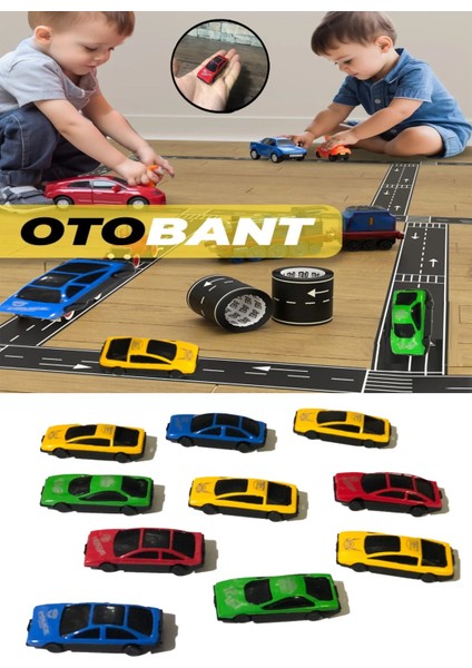 Otobant Eğitici ve Eğlenceli Yol Yapım Road Tape Şerit Oyun Bandı ve 10'lu Plastik Araba Seti