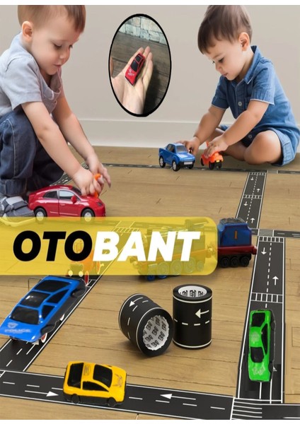 Otobant Eğitici ve Eğlenceli Yol Yapım Road Tape Şerit Oyun Bandı ve 10'lu Plastik Araba Seti