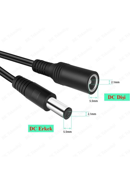 BK Teknoloji 5.5 x 2.1 mm Dc Güç Kaynağı Uzatma Kablosu Erkek/dişi Adaptör Cctv Kamera