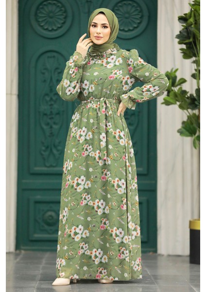 - Çiçek Desenli Haki Tesettür Elbise 29711HK
