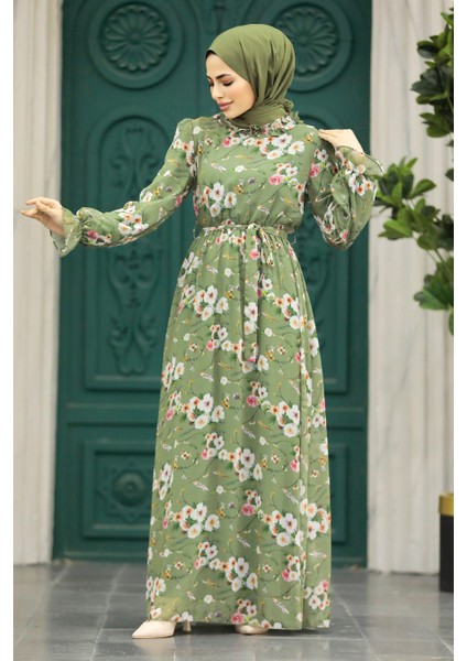 - Çiçek Desenli Haki Tesettür Elbise 29711HK