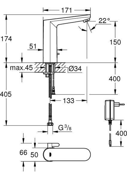 Eurosmart Cosmopolitan E Fotoselli Lavabo Bataryası, 1/2", L - Boyut, Çift Su Girişli, Ayarlanabilir Sıcaklık Sınırlayıcısı - 36421001 fiyatları